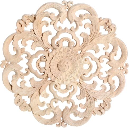 MUXSAM Round Wood Appliques Onlays, 4-Pack Unpainted Wooden Carved Flower Carvings Decals for Wall Cupboard Mirror Mantel Door Bed Cabinet Ceiling Dresser Furniture Refurbish Project, 10cm/3.94" in Kuwait