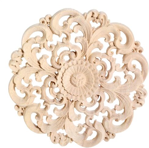 MUXSAM Round Wood Appliques Onlays, 4-Pack Unpainted Wooden Carved Flower Carvings Decals for Wall Cupboard Mirror Mantel Door Bed Cabinet Ceiling Dresser Furniture Refurbish Project, 10cm/3.94" in Kuwait