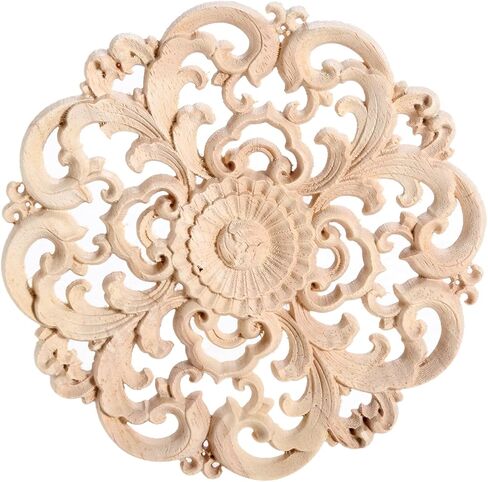MUXSAM Round Wood Appliques Onlays, 4-Pack Unpainted Wooden Carved Flower Carvings Decals for Wall Cupboard Mirror Mantel Door Bed Cabinet Ceiling Dresser Furniture Refurbish Project, 10cm/3.94" in Kuwait