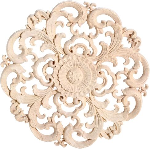 MUXSAM Round Wood Appliques Onlays, 4-Pack Unpainted Wooden Carved Flower Carvings Decals for Wall Cupboard Mirror Mantel Door Bed Cabinet Ceiling Dresser Furniture Refurbish Project, 10cm/3.94" in Kuwait