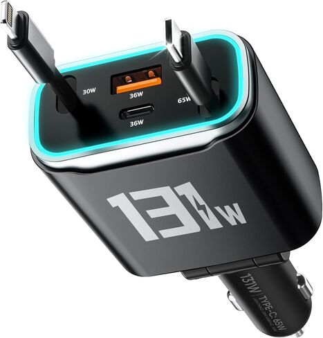 Retractable Car Charger 131w, 4 in 1 Fast Car Phone Charger, USB C Car Charger Adapter with Light and 2 Retractable Cables, Compatible with iPhone 15/14/13/12 Pro Max Xr, Pixel, Switch in Saudi Arabia