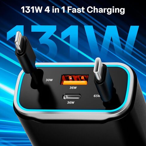 Retractable Car Charger 131w, 4 in 1 Fast Car Phone Charger, USB C Car Charger Adapter with Light and 2 Retractable Cables, Compatible with iPhone 15/14/13/12 Pro Max Xr, Pixel, Switch in Saudi Arabia