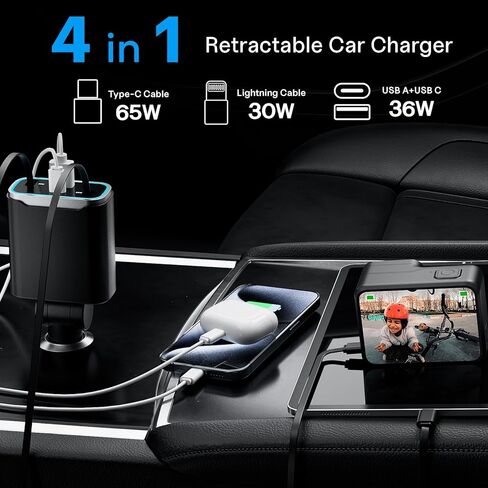 Retractable Car Charger 131w, 4 in 1 Fast Car Phone Charger, USB C Car Charger Adapter with Light and 2 Retractable Cables, Compatible with iPhone 15/14/13/12 Pro Max Xr, Pixel, Switch in Saudi Arabia