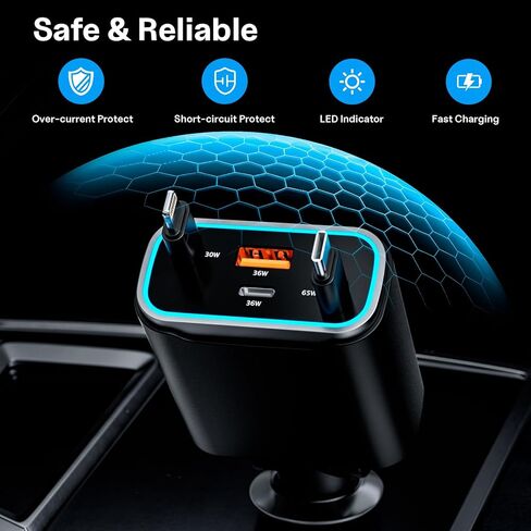 Retractable Car Charger 131w, 4 in 1 Fast Car Phone Charger, USB C Car Charger Adapter with Light and 2 Retractable Cables, Compatible with iPhone 15/14/13/12 Pro Max Xr, Pixel, Switch in Saudi Arabia