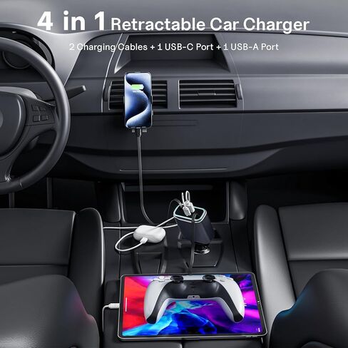 Retractable Car Charger 131w, 4 in 1 Fast Car Phone Charger, USB C Car Charger Adapter with Light and 2 Retractable Cables, Compatible with iPhone 15/14/13/12 Pro Max Xr, Pixel, Switch in Saudi Arabia