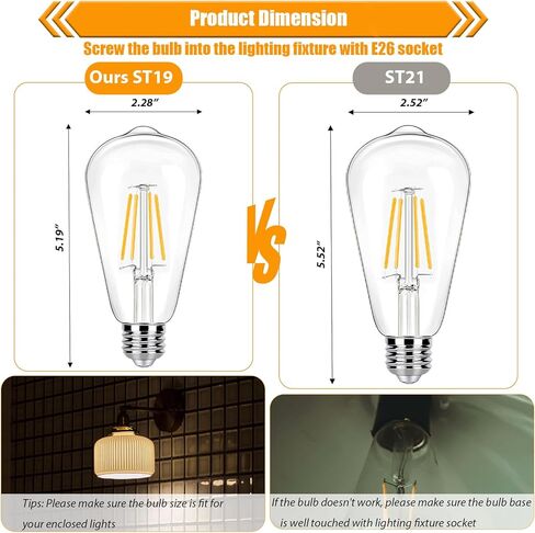 12 حزمة من مصابيح إديسون LED القابلة للتعتيم بقدرة 40 واط مكافئة، لمبة خيوط 4 واط، لمبة إضاءة ST19 بيضاء دافئة 2700 كيلو، 450LM E26 عتيقة لتركيبات السقف in Kuwait
