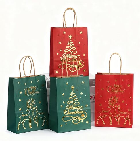 Mofinity Christmas Gift Bags with Handles, Xmas Kraft Paper Bags for Holiday, Christmas Goodie Bags, Xmas Treat Bags for Holiday Paper Party Gift Bags Party Supplies (Blue Kraft Gold) in Saudi Arabia