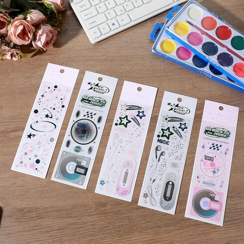 5 أوراق ملصقات ليزر ستار ديكو، مجموعة ملصقات CD Mp3، ملصقات كورية لطيفة كاواي ديكو لسكرابوكينغ DIY Diary Junk Journal لوازم القرطاسية (أسود، وردي) in Kuwait