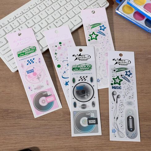 5 أوراق ملصقات ليزر ستار ديكو، مجموعة ملصقات CD Mp3، ملصقات كورية لطيفة كاواي ديكو لسكرابوكينغ DIY Diary Junk Journal لوازم القرطاسية (أسود، وردي) in Kuwait