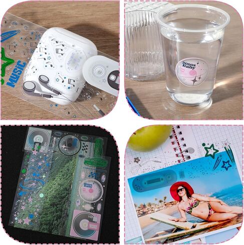 5 أوراق ملصقات ليزر ستار ديكو، مجموعة ملصقات CD Mp3، ملصقات كورية لطيفة كاواي ديكو لسكرابوكينغ DIY Diary Junk Journal لوازم القرطاسية (أسود، وردي) in Kuwait