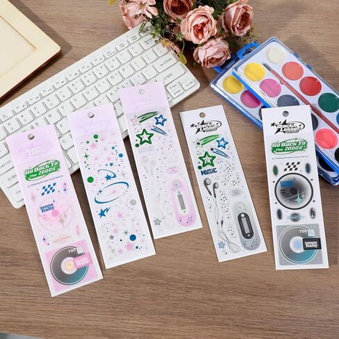 5 أوراق ملصقات ليزر ستار ديكو، مجموعة ملصقات CD Mp3، ملصقات كورية لطيفة كاواي ديكو لسكرابوكينغ DIY Diary Junk Journal لوازم القرطاسية (أسود، وردي) in Kuwait