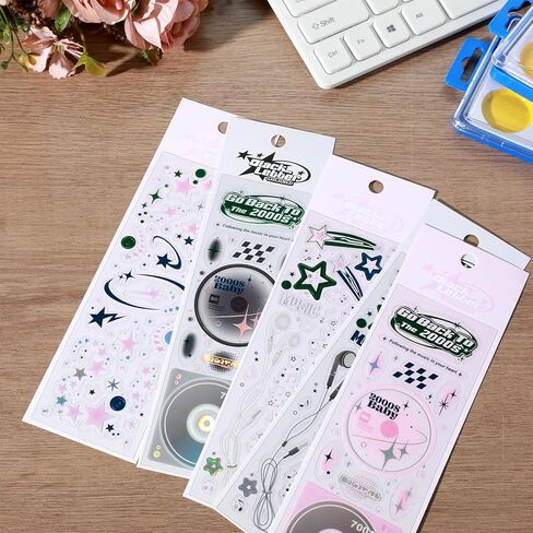 5 أوراق ملصقات ليزر ستار ديكو، مجموعة ملصقات CD Mp3، ملصقات كورية لطيفة كاواي ديكو لسكرابوكينغ DIY Diary Junk Journal لوازم القرطاسية (أسود، وردي) in Kuwait