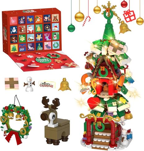 Advent Calendar 2025 Christmas Tree House Building Set with Wreath and Reindeer,ChristmasTree Building Blocks Kit with LED Light,24 Days Christmas Countdown Toys Building Set for Teen Boys Girls Gifts in Saudi Arabia