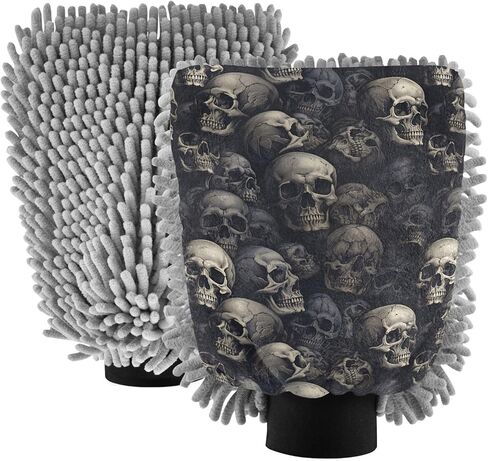 AIXIWAWA Car Wash Mitt Washing Glove Scratch Free Water Absorbent 2 Pack Medium Vintage Skulls Print in Saudi Arabia