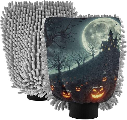 AIXIWAWA Car Wash Mitt Washing Glove Scratch Free Water Absorbent 2 Pack Large Halloween Moon Print in Kuwait