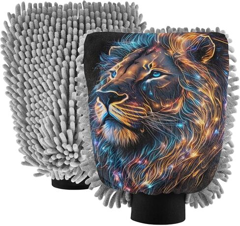 AIXIWAWA Car Wash Mitt Washing Glove Scratch Free Water Absorbent 2 Pack Medium Neon Lion Print in Saudi Arabia