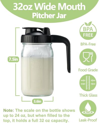 إبريق زجاجي سعة 32 أونصة مع غطاء وفوهة صب على شكل حرف V - إبريق حليب الثدي سعة 1 لتر مقاوم للتسرب مزدوج، حاوية كريمة لشاي الشمس والعصير والقهوة الباردة وحاوية تخزين حليب الثدي in Kuwait