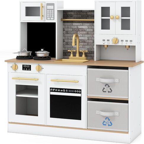 Costzon Kids Kitchen Playset, Little Chef Wooden Pretend Play Set w/Stoves, Sound & Light, Coffee Machine, Faucet & Cookware, Montessori Toddler Play Kitchen for Kids 3+ Years in Saudi Arabia