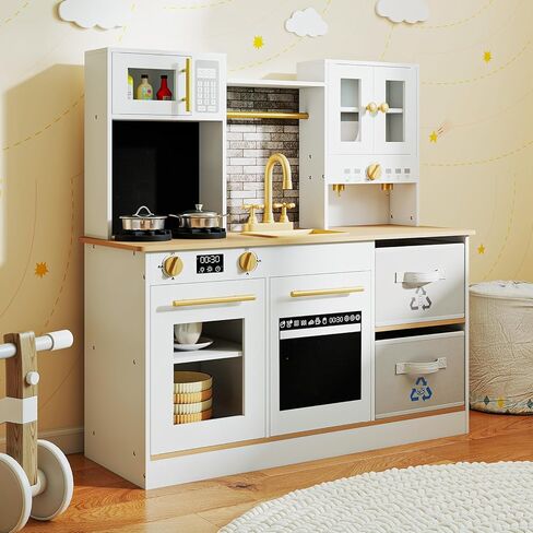 Costzon Kids Kitchen Playset, Little Chef Wooden Pretend Play Set w/Stoves, Sound & Light, Coffee Machine, Faucet & Cookware, Montessori Toddler Play Kitchen for Kids 3+ Years in Saudi Arabia