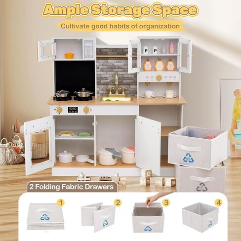 Costzon Kids Kitchen Playset, Little Chef Wooden Pretend Play Set w/Stoves, Sound & Light, Coffee Machine, Faucet & Cookware, Montessori Toddler Play Kitchen for Kids 3+ Years in Saudi Arabia