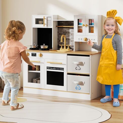 Costzon Kids Kitchen Playset, Little Chef Wooden Pretend Play Set w/Stoves, Sound & Light, Coffee Machine, Faucet & Cookware, Montessori Toddler Play Kitchen for Kids 3+ Years in Saudi Arabia