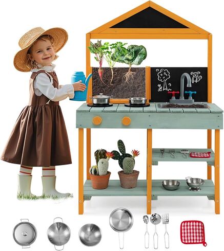 HONEY JOY Mud Kitchen, Cedar Wood Pretend Play Kitchen for Toddlers, Plant Growing Box & Trellis, Real Faucet w/Running Water, Sink, Accessories, Outdoor Kids Kitchen Playset for Garden Fun(Natural) in Saudi Arabia
