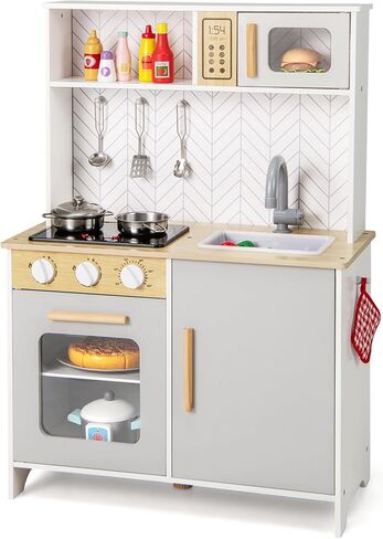 Costzon Kids Kitchen Playset, Wooden Pretend Play Kitchen with Lights and Sounds, Stoves, Sink, Faucet, Microwave, Oven & Cooking Accessories, Toy Kitchen Set for Toddlers, Gift for Boys Girls Ages 3+ in Saudi Arabia