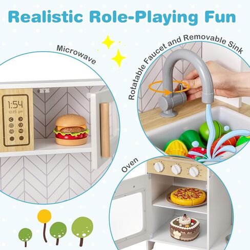 Costzon Kids Kitchen Playset, Wooden Pretend Play Kitchen with Lights and Sounds, Stoves, Sink, Faucet, Microwave, Oven & Cooking Accessories, Toy Kitchen Set for Toddlers, Gift for Boys Girls Ages 3+ in Saudi Arabia