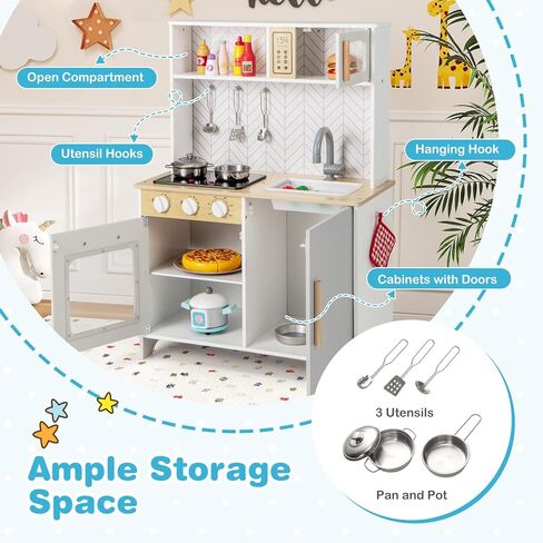Costzon Kids Kitchen Playset, Wooden Pretend Play Kitchen with Lights and Sounds, Stoves, Sink, Faucet, Microwave, Oven & Cooking Accessories, Toy Kitchen Set for Toddlers, Gift for Boys Girls Ages 3+ in Saudi Arabia
