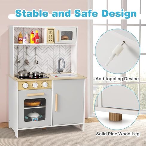 Costzon Kids Kitchen Playset, Wooden Pretend Play Kitchen with Lights and Sounds, Stoves, Sink, Faucet, Microwave, Oven & Cooking Accessories, Toy Kitchen Set for Toddlers, Gift for Boys Girls Ages 3+ in Saudi Arabia