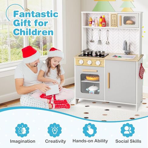 Costzon Kids Kitchen Playset, Wooden Pretend Play Kitchen with Lights and Sounds, Stoves, Sink, Faucet, Microwave, Oven & Cooking Accessories, Toy Kitchen Set for Toddlers, Gift for Boys Girls Ages 3+ in Saudi Arabia