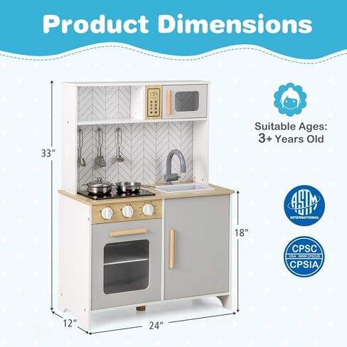 Costzon Kids Kitchen Playset, Wooden Pretend Play Kitchen with Lights and Sounds, Stoves, Sink, Faucet, Microwave, Oven & Cooking Accessories, Toy Kitchen Set for Toddlers, Gift for Boys Girls Ages 3+ in Saudi Arabia