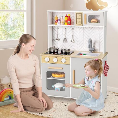 Costzon Kids Kitchen Playset, Wooden Pretend Play Kitchen with Lights and Sounds, Stoves, Sink, Faucet, Microwave, Oven & Cooking Accessories, Toy Kitchen Set for Toddlers, Gift for Boys Girls Ages 3+ in Saudi Arabia
