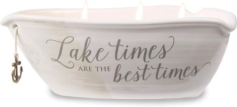 Pavilion Gift Company Lake Best Times-Ceramic Boat Shaped 3 Lead Free Triple Wick Soy Wax Candle Scent: Tranquility, 10 oz 2.75 Inch Tall, Beige in Saudi Arabia