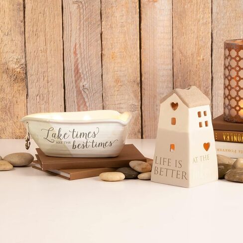 Pavilion Gift Company Lake Best Times-Ceramic Boat Shaped 3 Lead Free Triple Wick Soy Wax Candle Scent: Tranquility, 10 oz 2.75 Inch Tall, Beige in Saudi Arabia