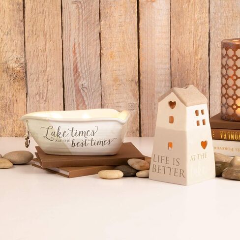 Pavilion Gift Company Lake Best Times-Ceramic Boat Shaped 3 Lead Free Triple Wick Soy Wax Candle Scent: Tranquility, 10 oz 2.75 Inch Tall, Beige in Saudi Arabia