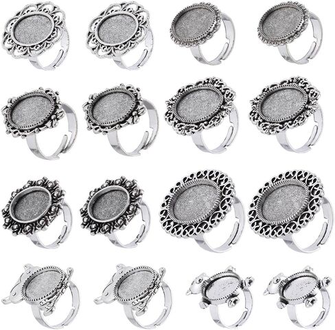 SUNNYCLUE 16Pcs 8 Style Silver Ring Blanks 20mm Adjustable Ring Bezels Settings Flower Owl Flat Round Vintage Alloy Finger Rings Base Components Findings for Jewelry Making Ring Supplies DIY Crafts in Saudi Arabia