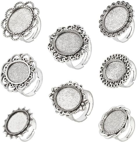 SUNNYCLUE 16Pcs 8 Style Silver Ring Blanks 20mm Adjustable Ring Bezels Settings Flower Owl Flat Round Vintage Alloy Finger Rings Base Components Findings for Jewelry Making Ring Supplies DIY Crafts in Saudi Arabia