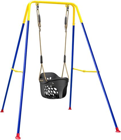 SELEWARE Hanging Wood Swing Seat Tree Swing for Kids, 100% Polyester Weather Proof Rope Heavy Duty Steel Tubing Structure Backyard Swing Set Replacement in Kuwait