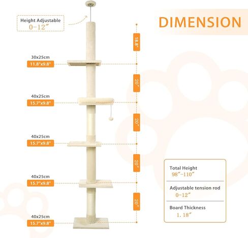 Floor to Ceiling Cat Tree, Cat Tower with Adjustable Height 98-110 Inches, 5 Tiers Tall Cat Tree Floor to Ceiling with Cozy Bed,Platforms, Sisal Scratching Posts for Cats Gray in Saudi Arabia