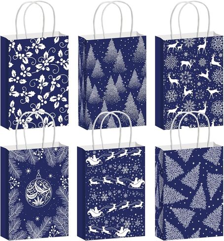 Kolldenn 24 Pcs Navy Blue Christmas Paper Gift Bags Christmas Treat Goodies Bags with Handle Santa Claus Candy Pouch for Xmas Holiday Party Favor Decorations Supplies, 6 Designs in Saudi Arabia