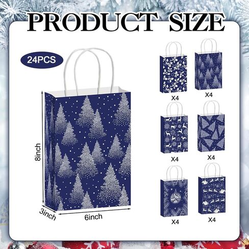 Kolldenn 24 Pcs Navy Blue Christmas Paper Gift Bags Christmas Treat Goodies Bags with Handle Santa Claus Candy Pouch for Xmas Holiday Party Favor Decorations Supplies, 6 Designs in Saudi Arabia