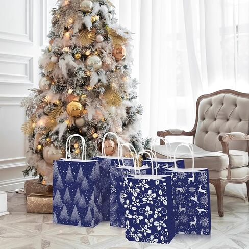 Kolldenn 24 Pcs Navy Blue Christmas Paper Gift Bags Christmas Treat Goodies Bags with Handle Santa Claus Candy Pouch for Xmas Holiday Party Favor Decorations Supplies, 6 Designs in Saudi Arabia