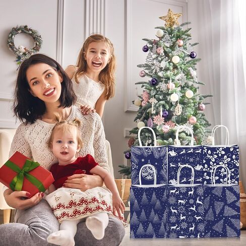 Kolldenn 24 Pcs Navy Blue Christmas Paper Gift Bags Christmas Treat Goodies Bags with Handle Santa Claus Candy Pouch for Xmas Holiday Party Favor Decorations Supplies, 6 Designs in Saudi Arabia