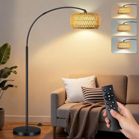 Arc Floor Lamp for Living Room, Rattan Boho Floor Lamp with Remote Control, Black Standing Lamp with 3 Color Temperatures & Dimmable LED Bulb, Tall Lamp for Bedroom, Over Couch Arched Reading Light in Saudi Arabia