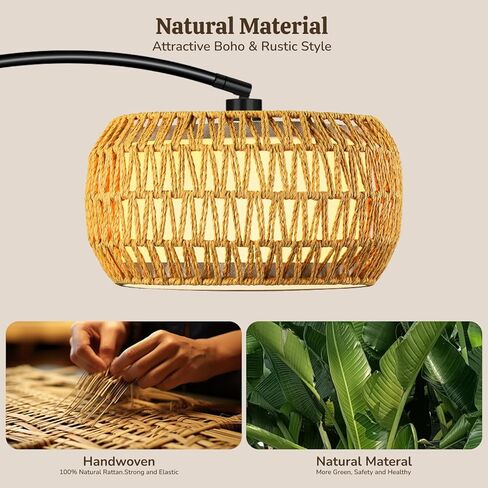 Arc Floor Lamp for Living Room, Rattan Boho Floor Lamp with Remote Control, Black Standing Lamp with 3 Color Temperatures & Dimmable LED Bulb, Tall Lamp for Bedroom, Over Couch Arched Reading Light in Saudi Arabia
