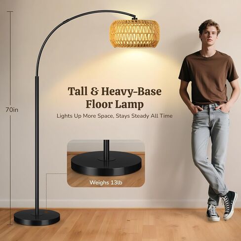 Arc Floor Lamp for Living Room, Rattan Boho Floor Lamp with Remote Control, Black Standing Lamp with 3 Color Temperatures & Dimmable LED Bulb, Tall Lamp for Bedroom, Over Couch Arched Reading Light in Saudi Arabia