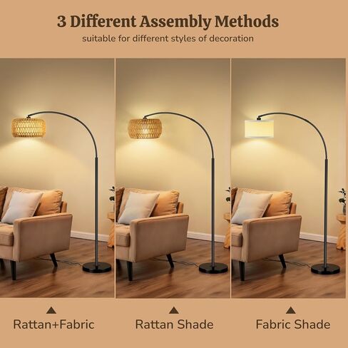 Arc Floor Lamp for Living Room, Rattan Boho Floor Lamp with Remote Control, Black Standing Lamp with 3 Color Temperatures & Dimmable LED Bulb, Tall Lamp for Bedroom, Over Couch Arched Reading Light in Saudi Arabia