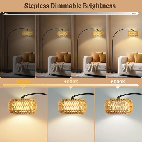 Arc Floor Lamp for Living Room, Rattan Boho Floor Lamp with Remote Control, Black Standing Lamp with 3 Color Temperatures & Dimmable LED Bulb, Tall Lamp for Bedroom, Over Couch Arched Reading Light in Saudi Arabia