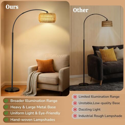 Arc Floor Lamp for Living Room, Rattan Boho Floor Lamp with Remote Control, Black Standing Lamp with 3 Color Temperatures & Dimmable LED Bulb, Tall Lamp for Bedroom, Over Couch Arched Reading Light in Saudi Arabia